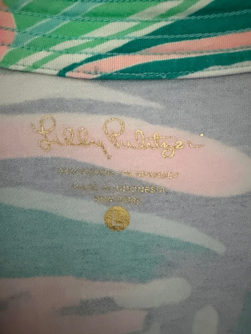 Lilly Pulitzer 3/4 Sleeve Pink, Green & Teal Swirl Print Tunic. Size Large - Picture 2 of 4